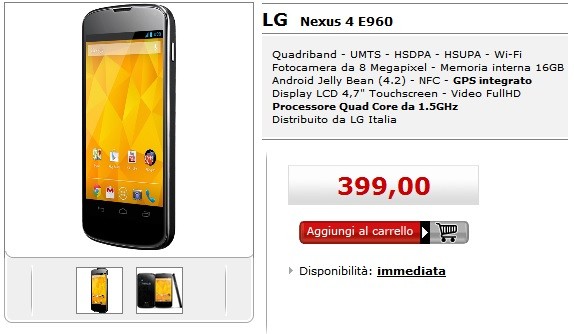 LG Nexus 4 in vendita a 399 euro da Mediaworld con Garanzia Italia